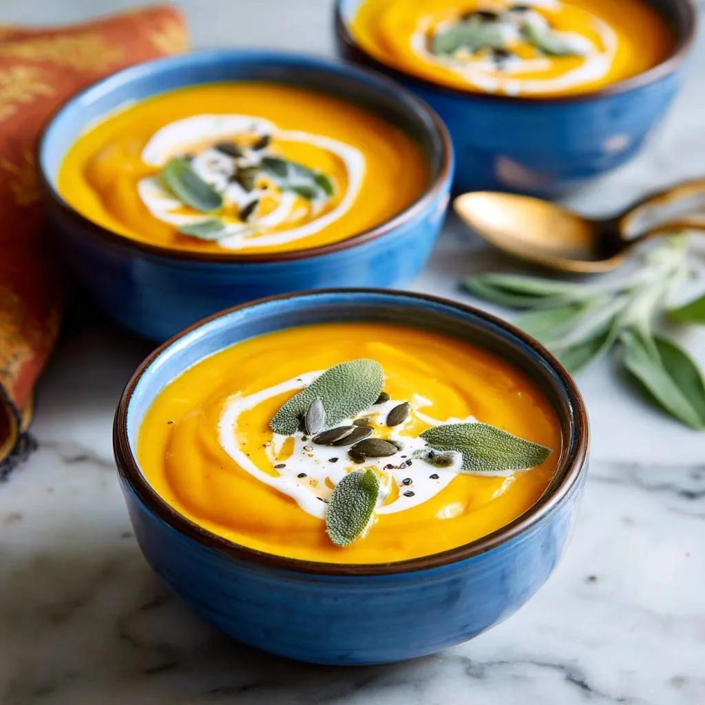 Sweet potato chips are served in blue bowls, garnished with herbs, pumpkin seeds, and a swirl of cream.