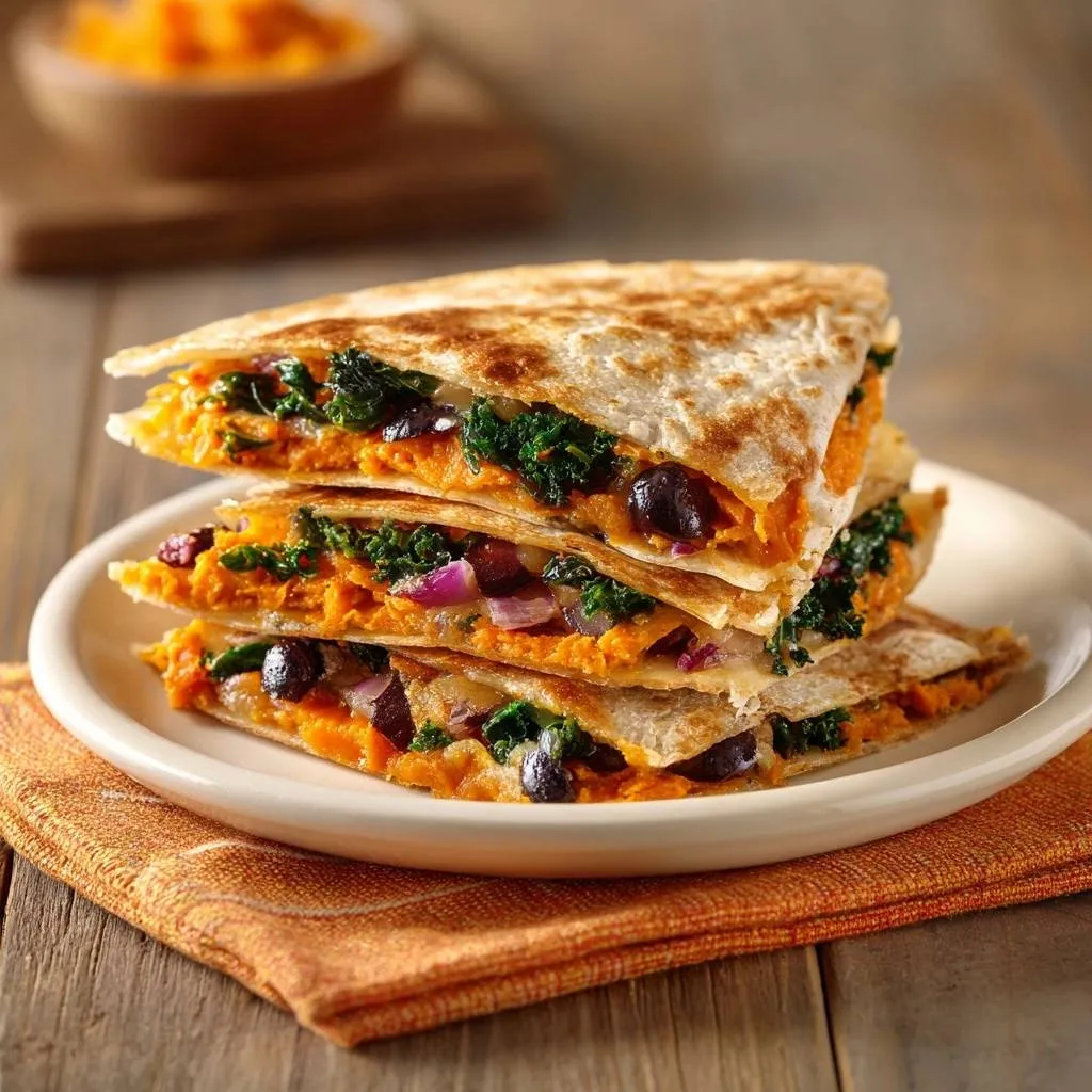 Sweet potato kale black bean quesadillas stacked and sliced, revealing their colorful interior layers.