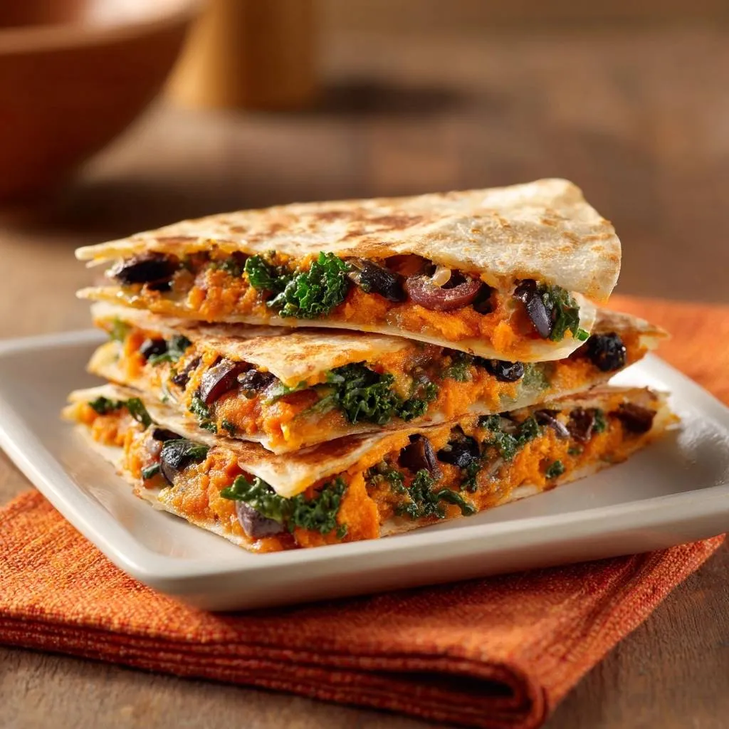 Sweet potato kale black bean quesadillas shown as stacked, cut slices revealing the colorful filling.