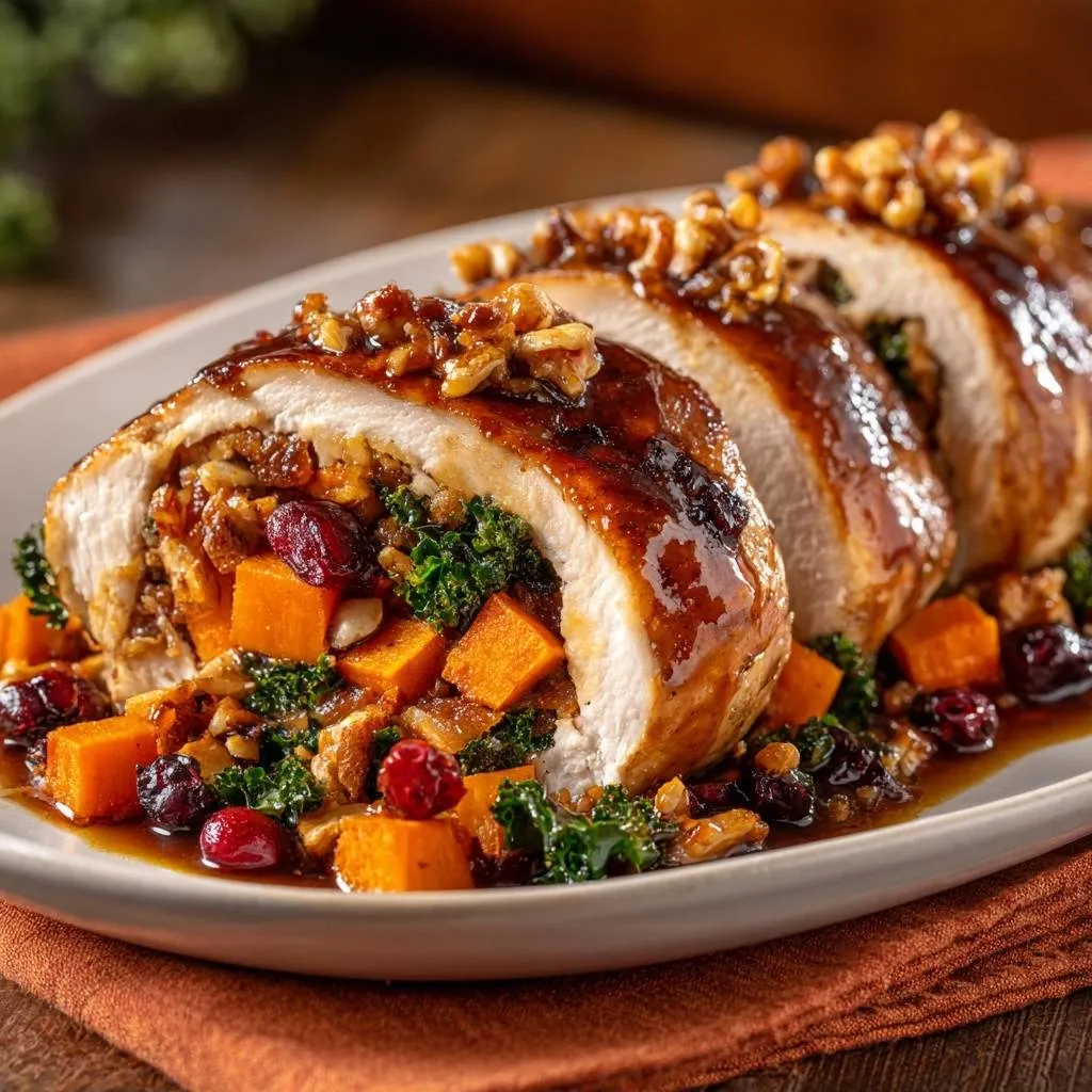 Sweet potato kale cranberry chicken roulade sliced to reveal its savory stuffing and vibrant filling.