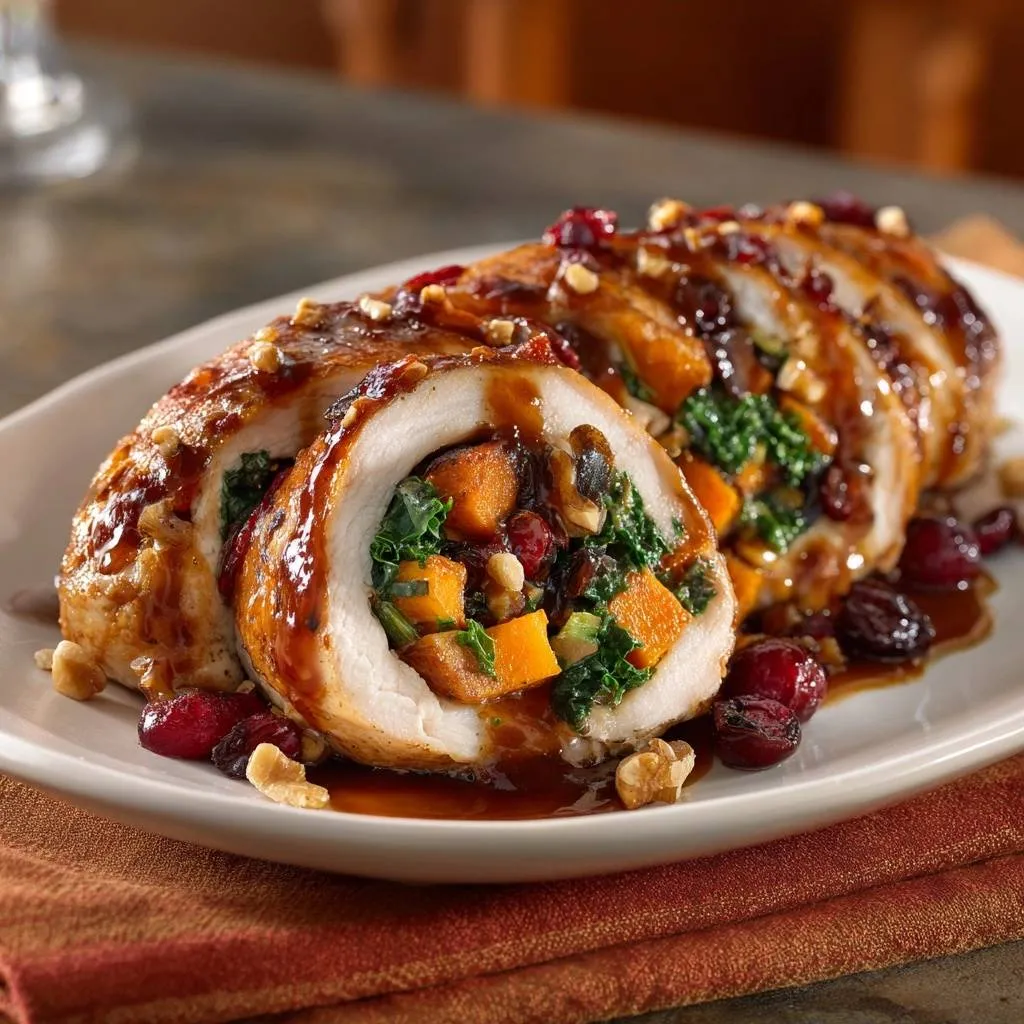 Sweet potato kale cranberry chicken roulade sliced to reveal a colorful interior filling drizzled with glaze.