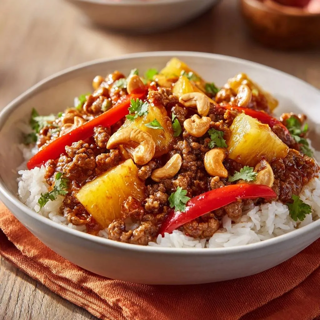 Sweet and sour ground beef stir fry bowl features tender beef, pineapple chunks, cashews, and red pepper slices served over white rice.