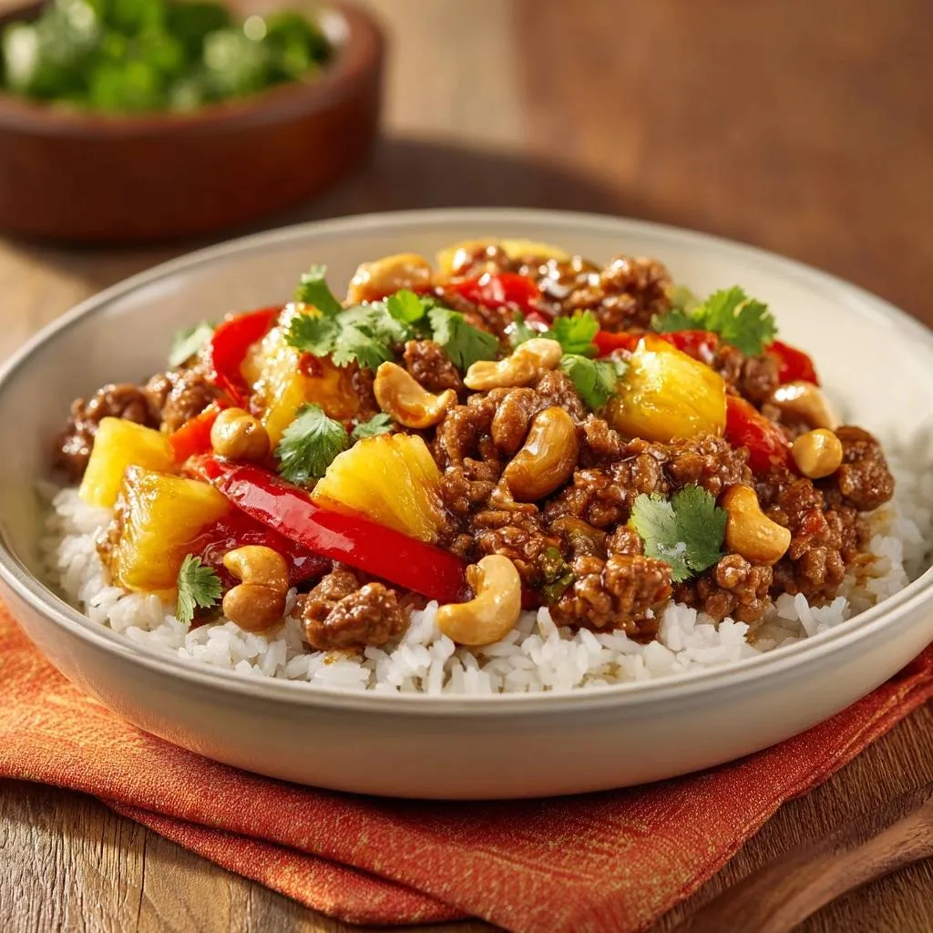 Sweet and sour ground beef stir fry served in a bowl over white rice, garnished with cilantro and cashews.