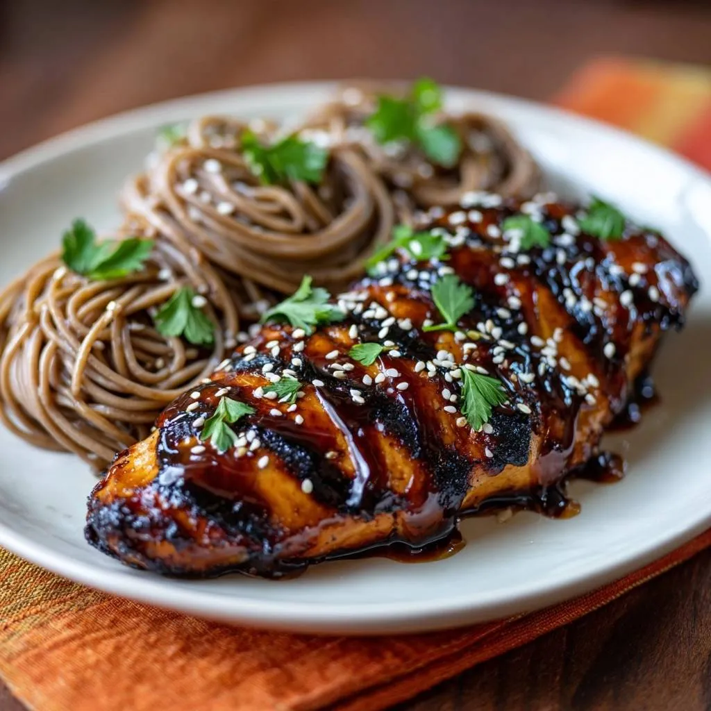 Teriyaki glazed chicken with soba noodles plated and garnished with sesame seeds and parsley, seen in a close-up view.