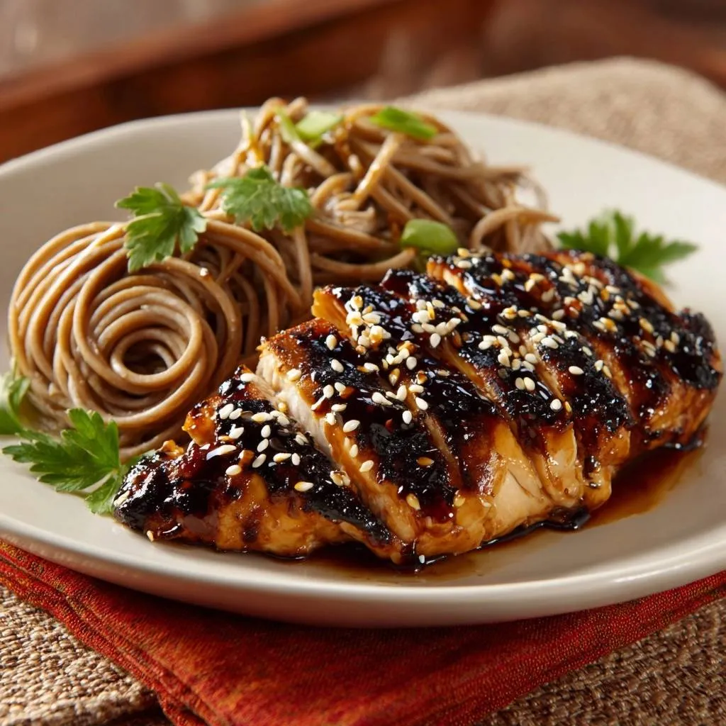 Teriyaki glazed chicken with soba noodles plated and sliced, showing a glossy glaze and sesame seeds.