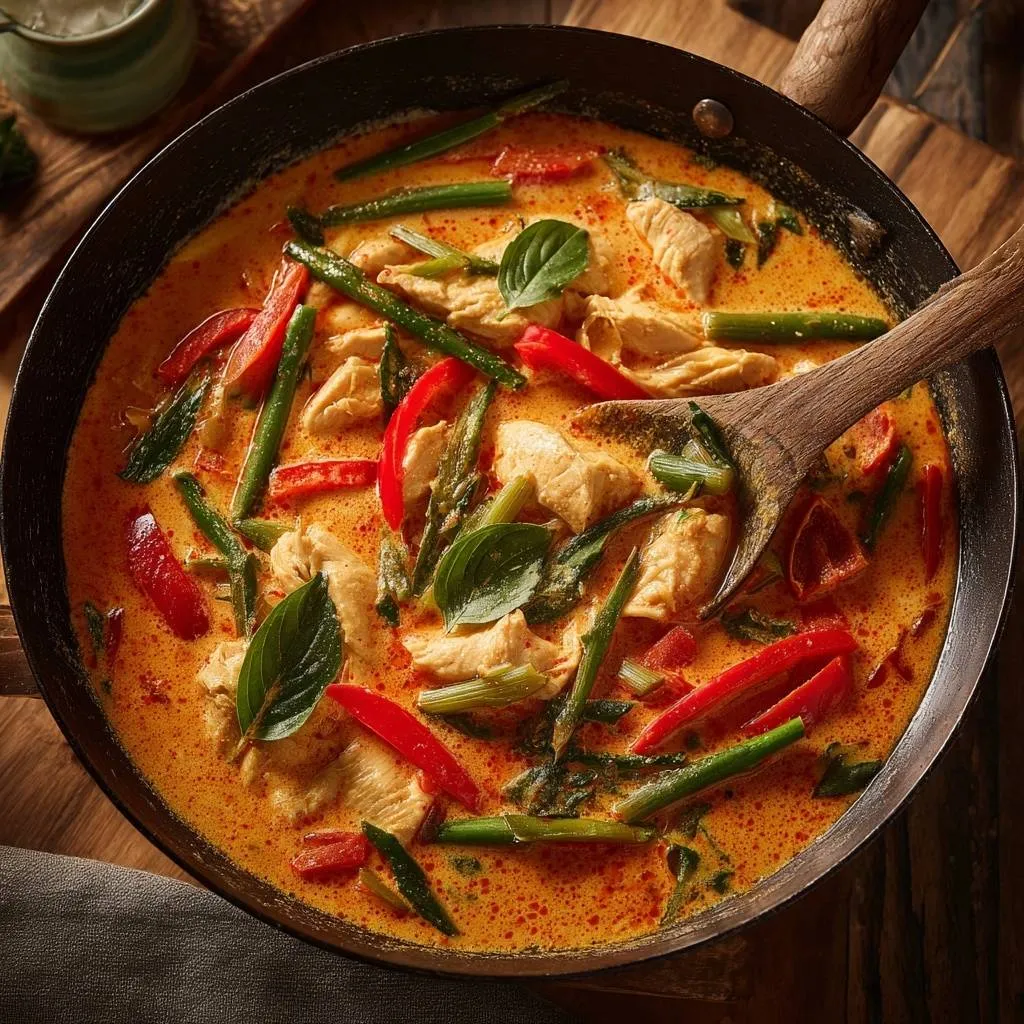 Thai chicken green curry with red bell peppers and asparagus in a skillet, served with a wooden spoon.