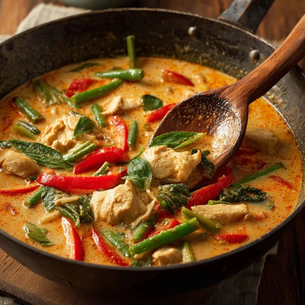 Thai chicken green curry with red peppers and green beans being served with a wooden spoon.