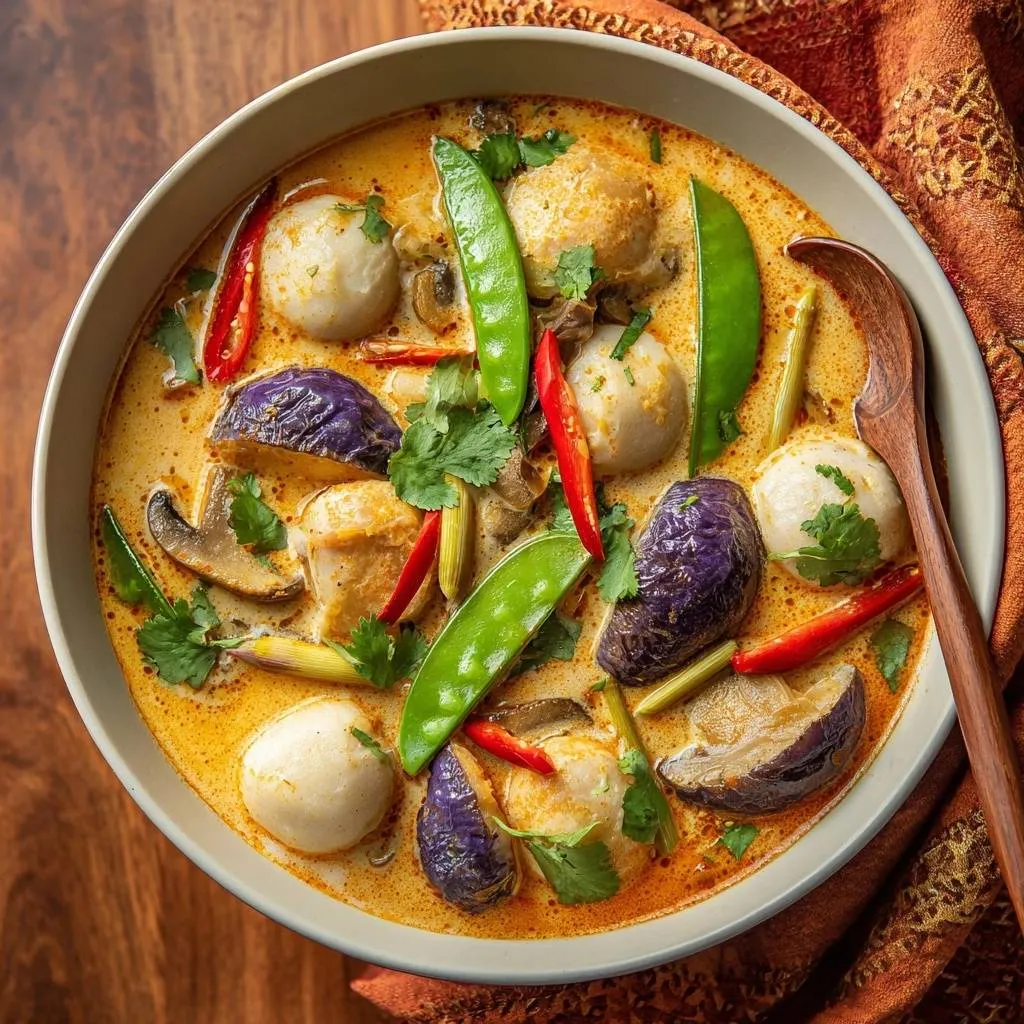 Creamy Thai red curry with fish balls shown in an overhead view of a rustic bowl.