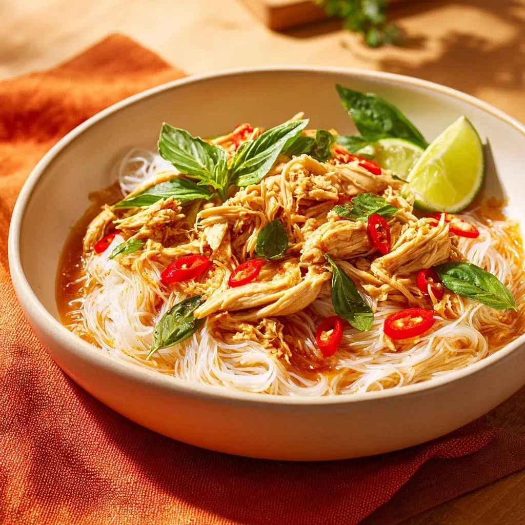 Thai shredded chicken vermicelli with fresh basil, chili, and lime in a bowl, showcasing its vibrant garnish.