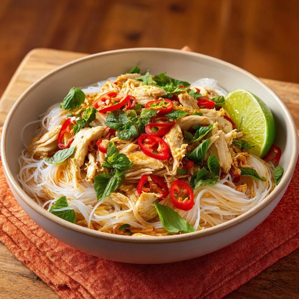 Thai shredded chicken vermicelli noodles served in a bowl, garnished with chili slices and fresh mint.