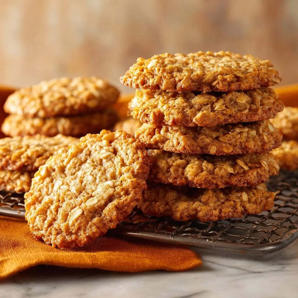 Thick chewy oatmeal cookies cooling on a wire rack, stacked high with a close-up view of their textured surface.