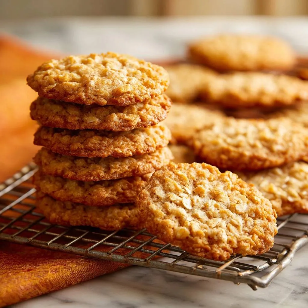 Thick chewy oatmeal cookies cooling on a wire rack, showcasing their texture and golden-brown color.