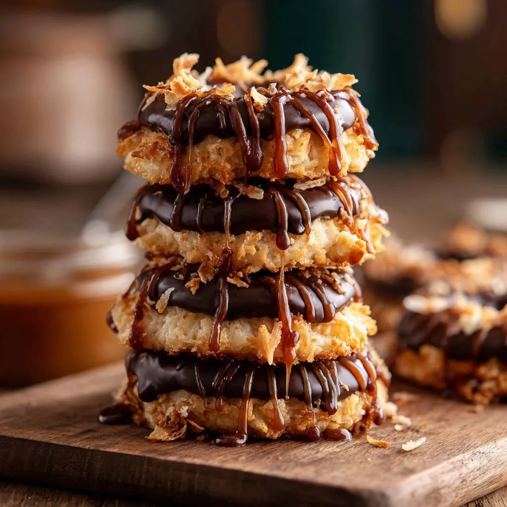 Toasted coconut caramel donuts stacked high and drizzled with caramel sauce, showcasing their layered texture.
