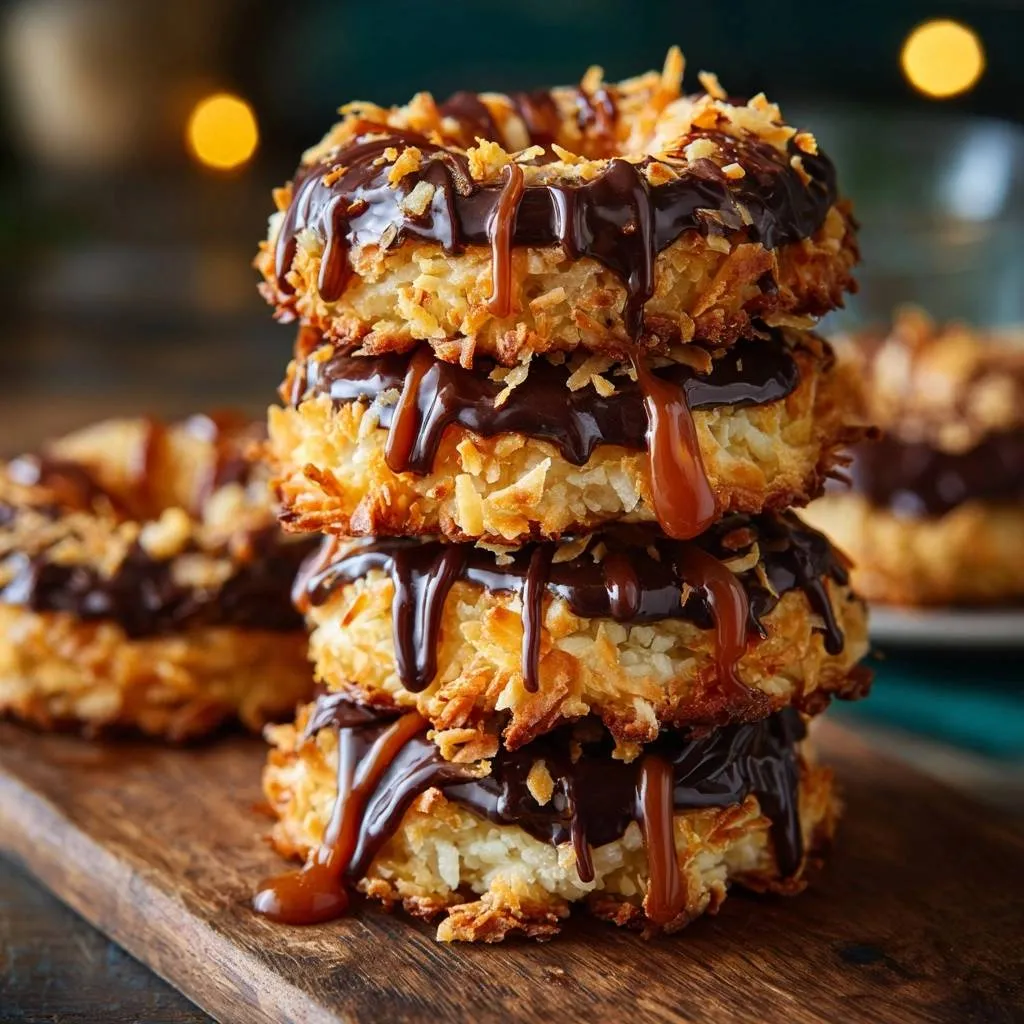 Toasted coconut caramel donuts stacked high, featuring a rich chocolate glaze and caramel drizzle.