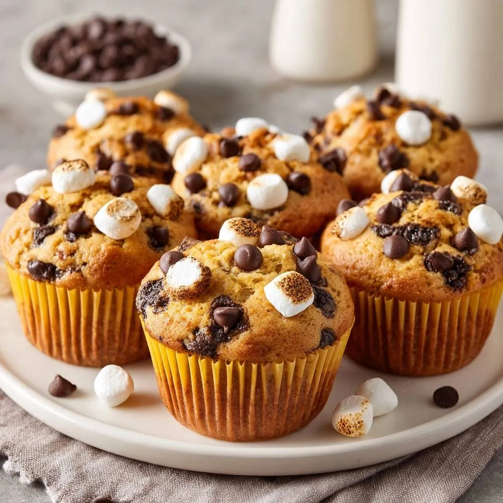 Toasted s'mores chocolate chip muffins with gooey marshmallows and chocolate chips, presented in a close-up view highlighting the topping.