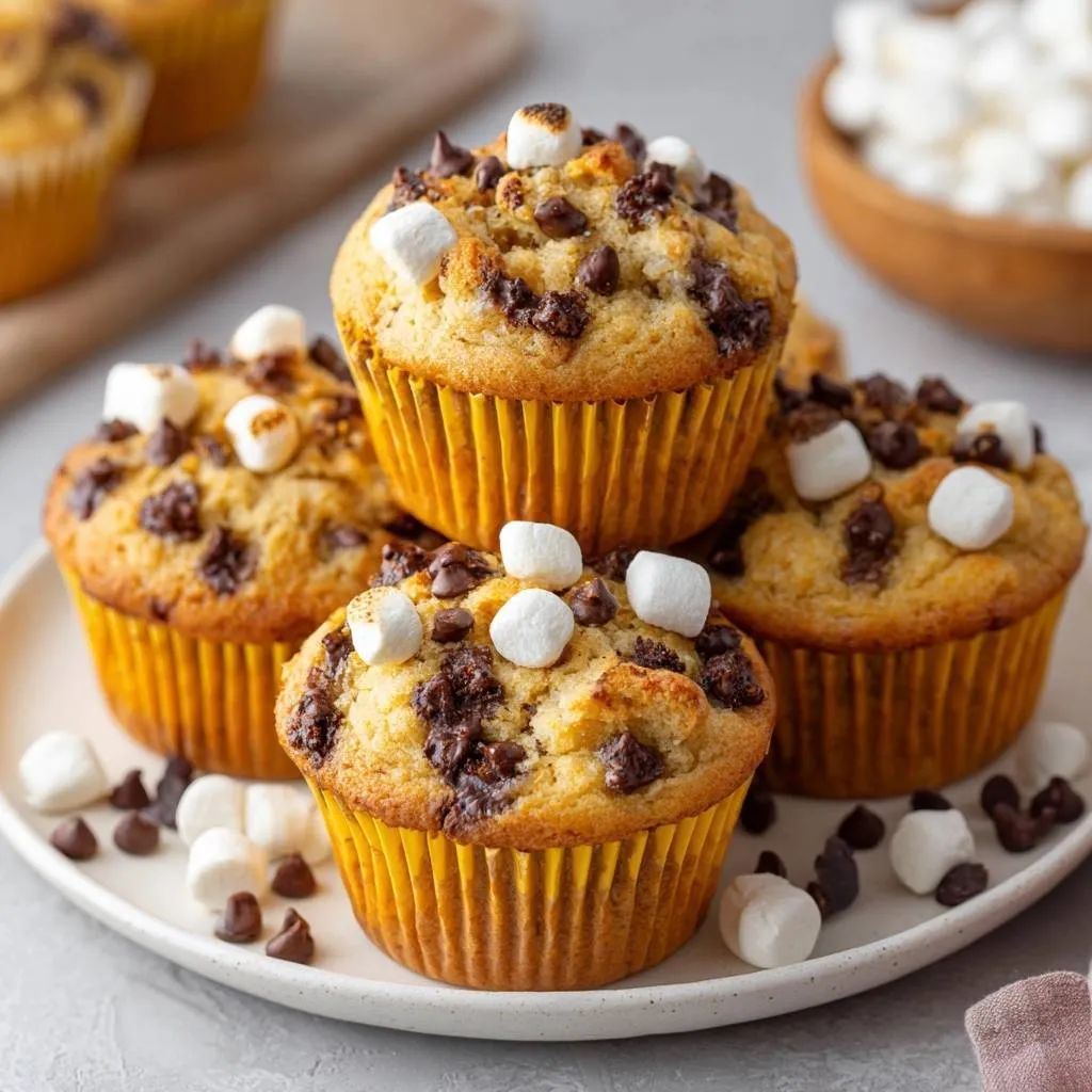 Toasted s'mores chocolate chip muffins stacked on a white plate with mini marshmallows and chocolate chips scattered around.