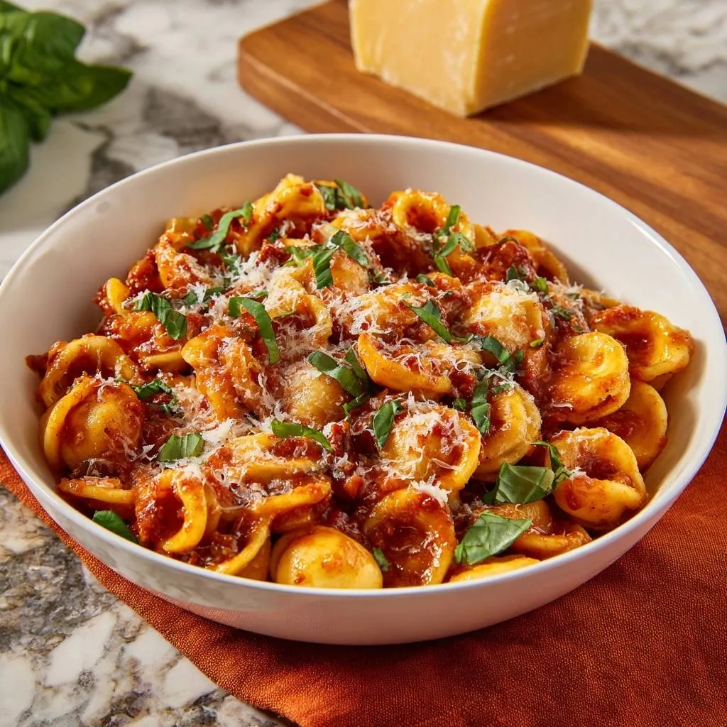 Tomato basil tortellini in a white bowl, garnished with fresh basil and grated Parmesan cheese.