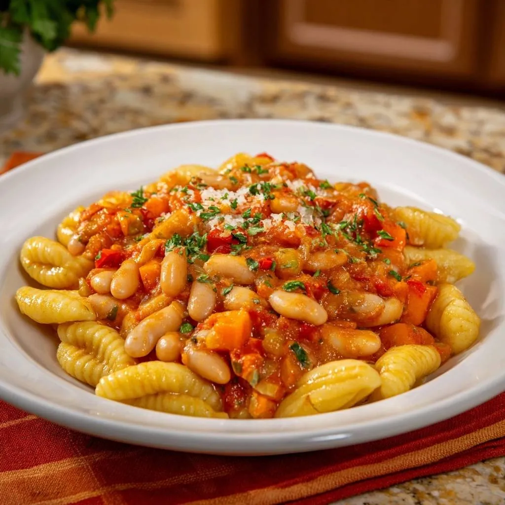 Tomato gnocchi with white beans and carrots served plated with a sprinkle of parsley and cheese.