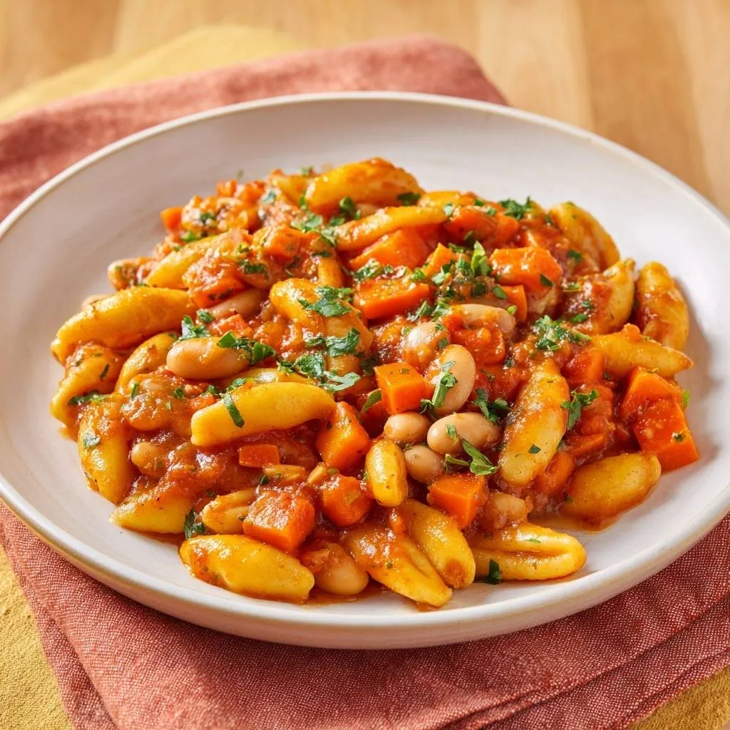 Tomato gnocchi with white beans and carrots served on a white plate, presented in a close-up, plated view.