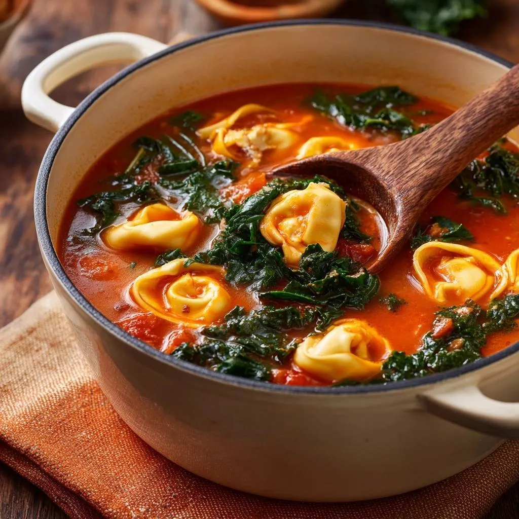 Tomato kale tortellini soup with a wooden spoon lifting a serving from a pot.