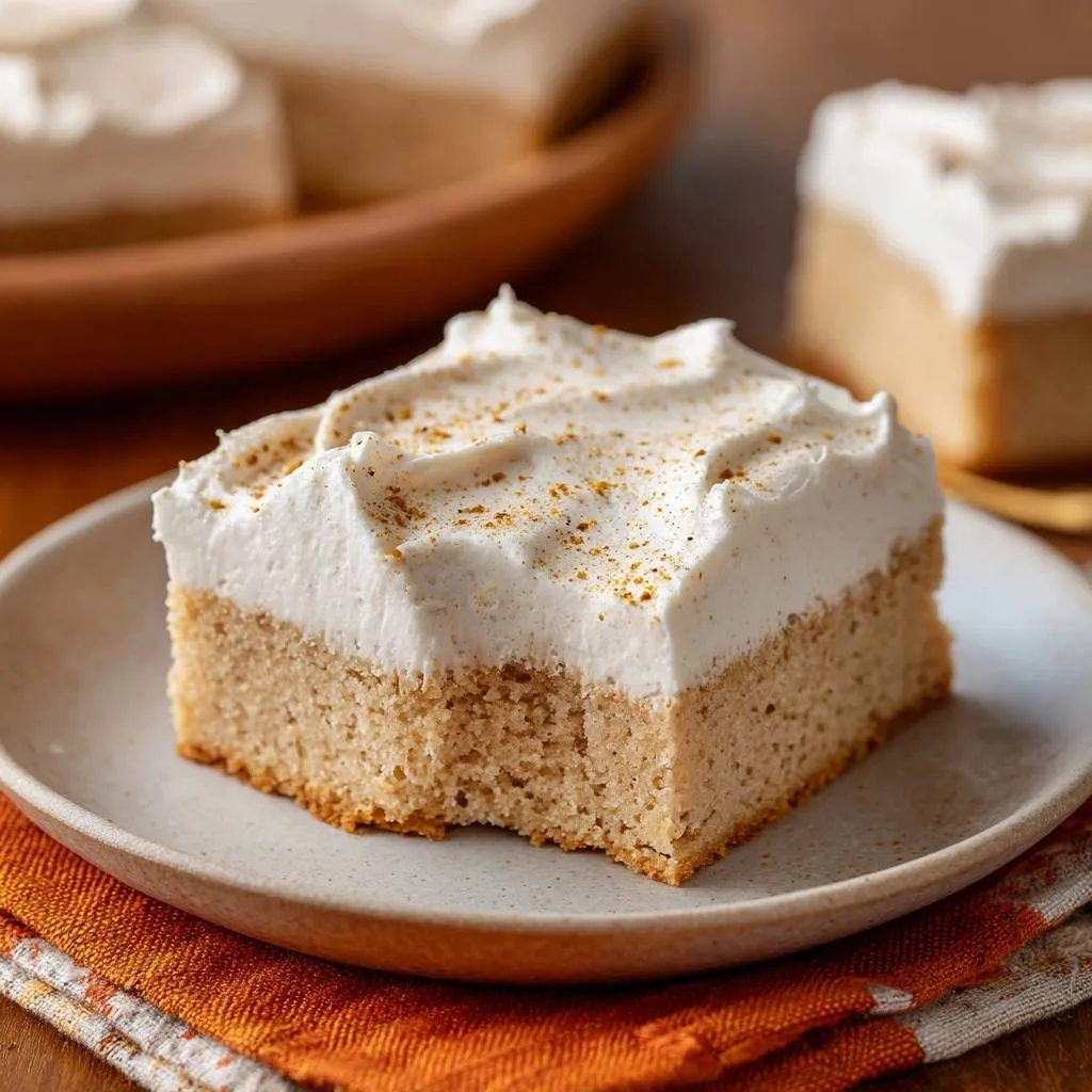 Tres leches cake plated slice with whipped cream topping and cinnamon dusting, showing cake texture.