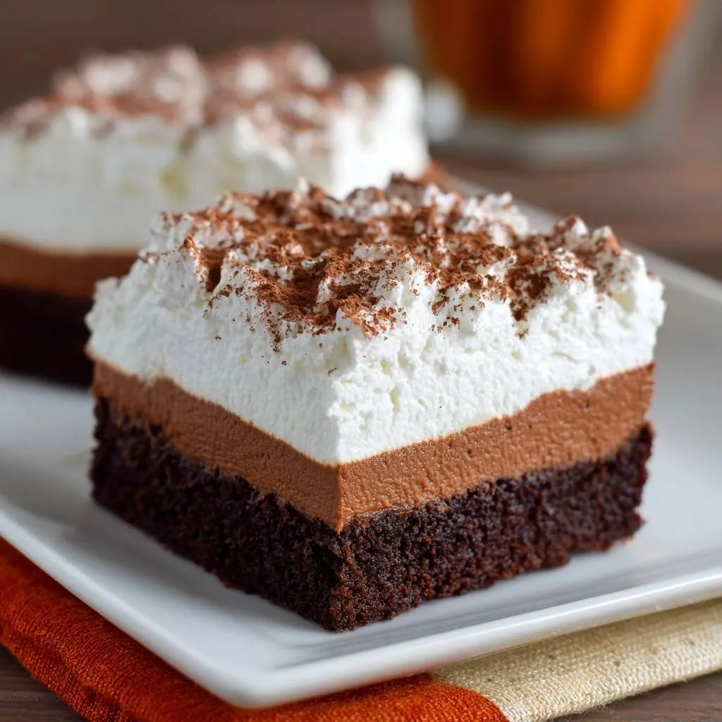 Triple Chocolate Layer Bars feature a rich chocolate brownie base, a smooth chocolate mousse, and whipped cream topping, shown in a close-up cross-section.