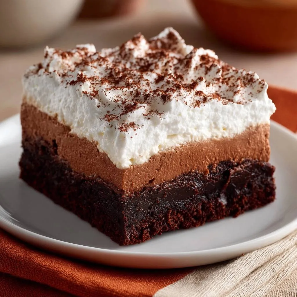 Triple Chocolate Layer Bars, a close-up cross-section showing the rich chocolate brownie base, smooth chocolate mousse, and whipped cream topping.