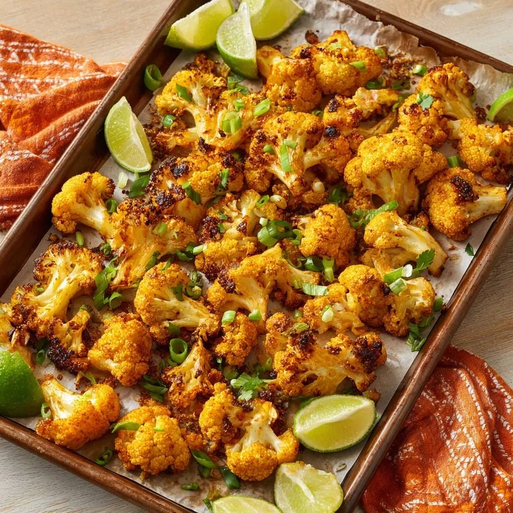 Turmeric roasted cauliflower with lime wedges and chopped green onions on a baking sheet, showcasing a vibrant garnish.