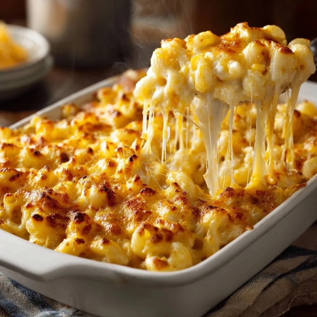 Ultra creamy baked mac and cheese with a large cheesy pull from a serving spoon.