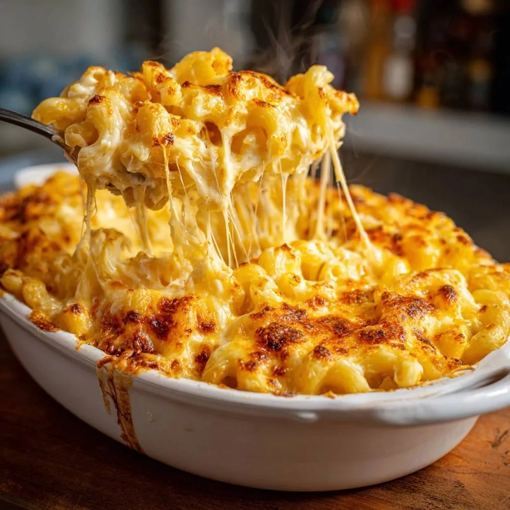 Ultra creamy baked mac and cheese being lifted with a spoonful, showing a generous cheese pull.