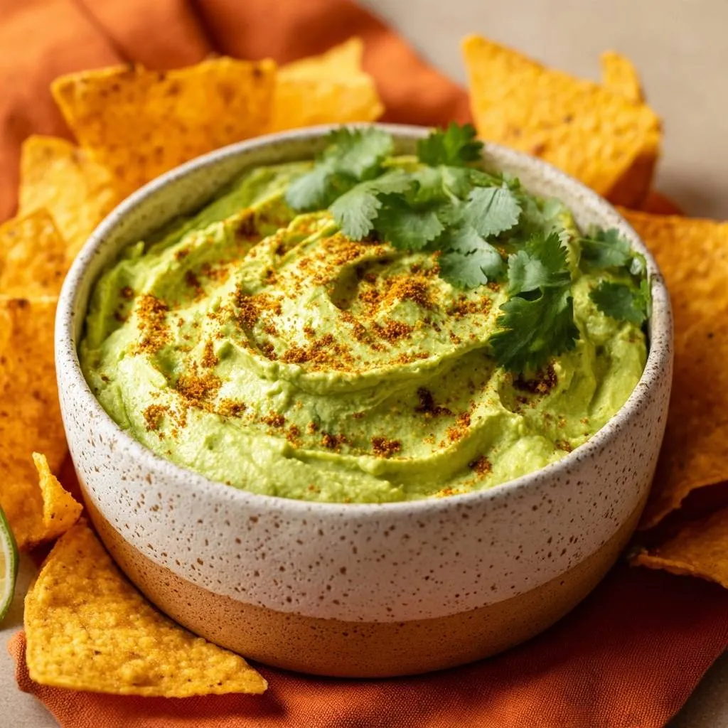 Ultra creamy whipped guacamole in a bowl, garnished with cilantro and spices, surrounded by tortilla chips.