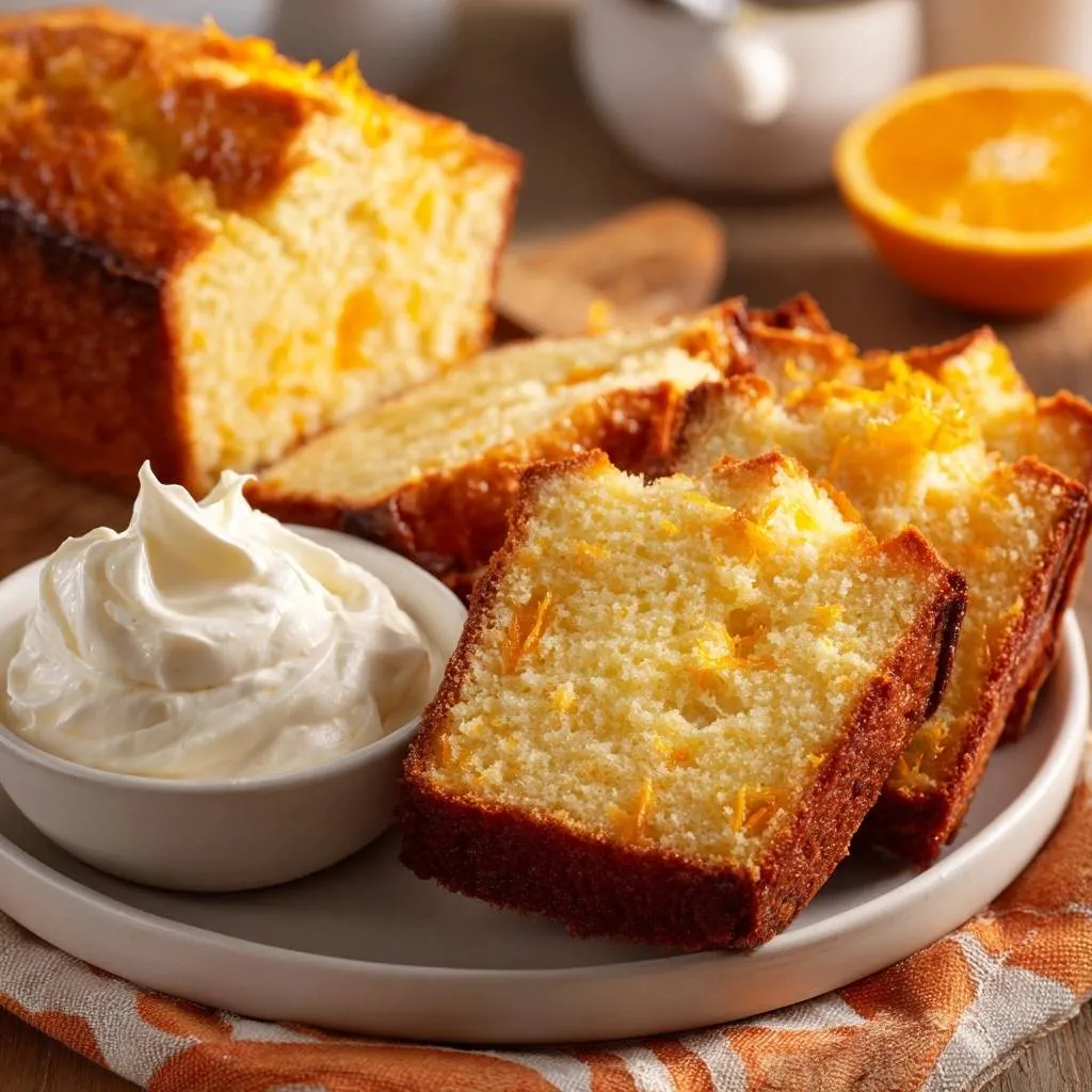 Ultra moist orange pound cake sliced and served with a dollop of cream on a white plate.