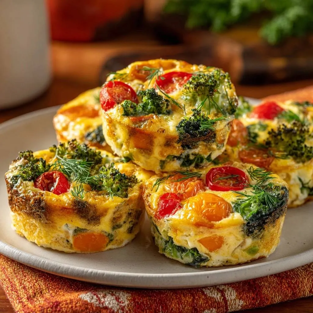 Veggie-packed broccoli egg muffins are beautifully stacked on a plate, showcasing broccoli florets, cherry tomatoes, and diced carrots.