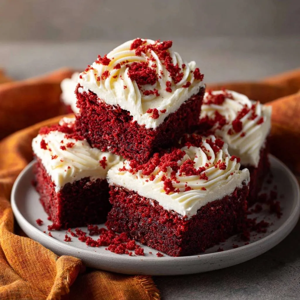Velvet Red Sheet Cake Squares stacked on a plate, showcasing their rich red color and creamy frosting.