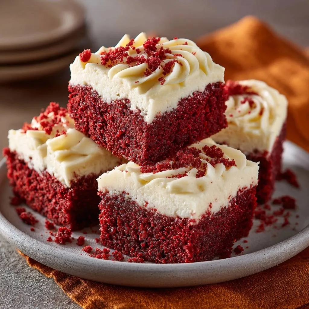 Velvet Red Sheet Cake Squares featuring stacked slices topped with cream cheese frosting and red crumbs on a grey plate.