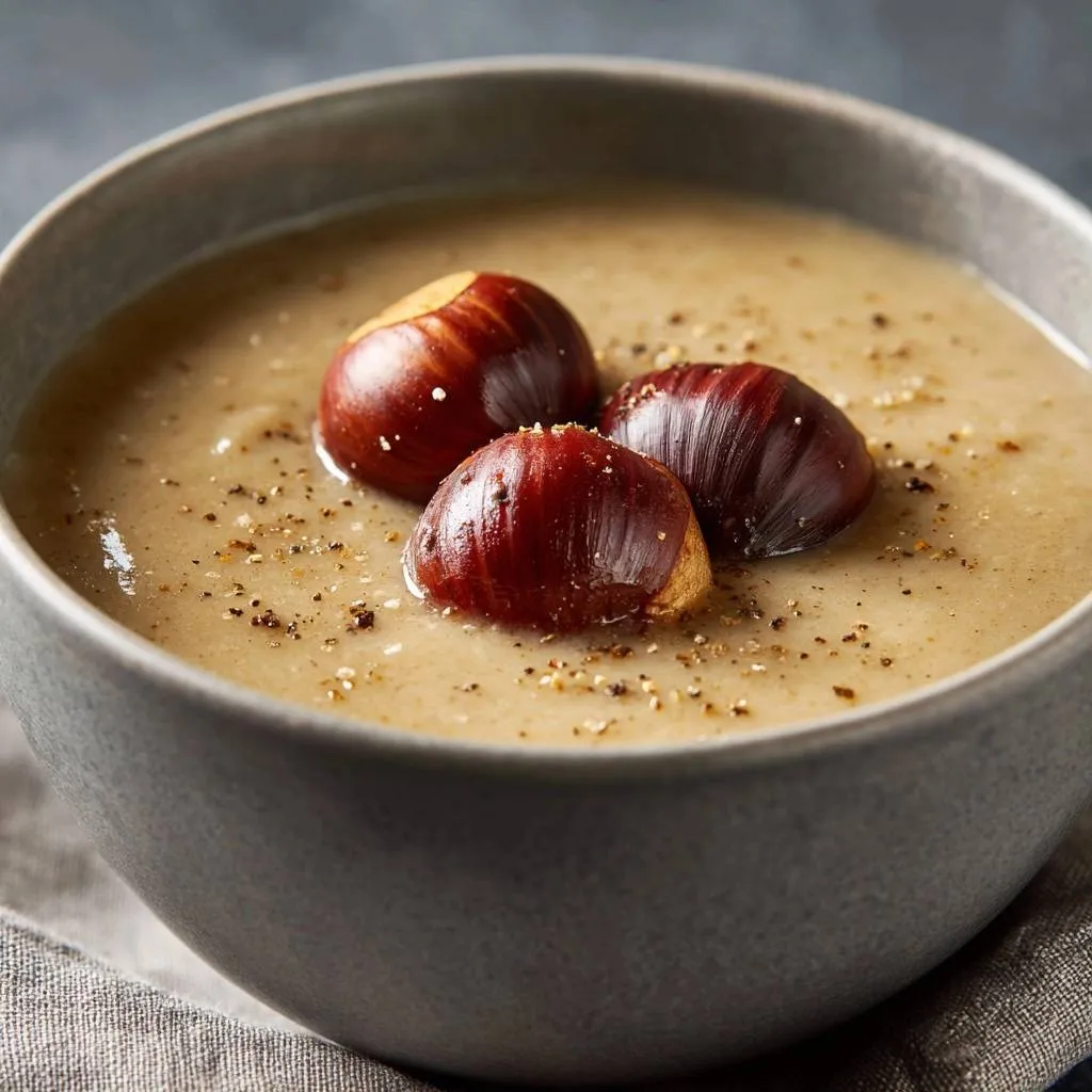 Velvety chestnut soup garnished with whole chestnuts in a rustic bowl, seasoned with cracked black pepper.