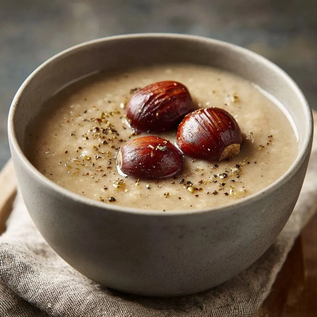 Velvety chestnut soup with three whole roasted chestnuts floating on top, seasoned with cracked black pepper.