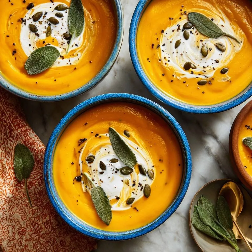 Velvety roasted butternut squash soup served in blue bowls, drizzled with cream and garnished with sage leaves and pumpkin seeds.