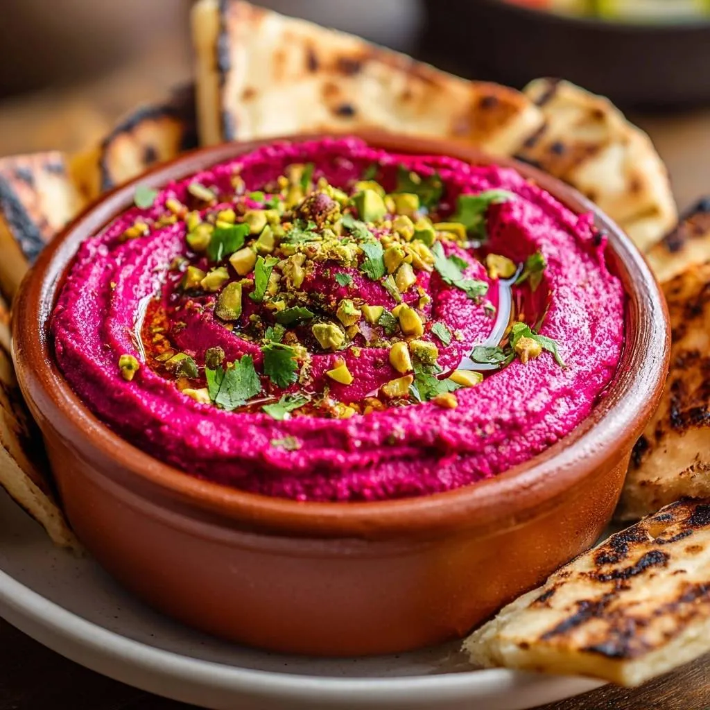 Vibrant beet hummus with pistachios and cilantro, served in a rustic bowl with pita bread.