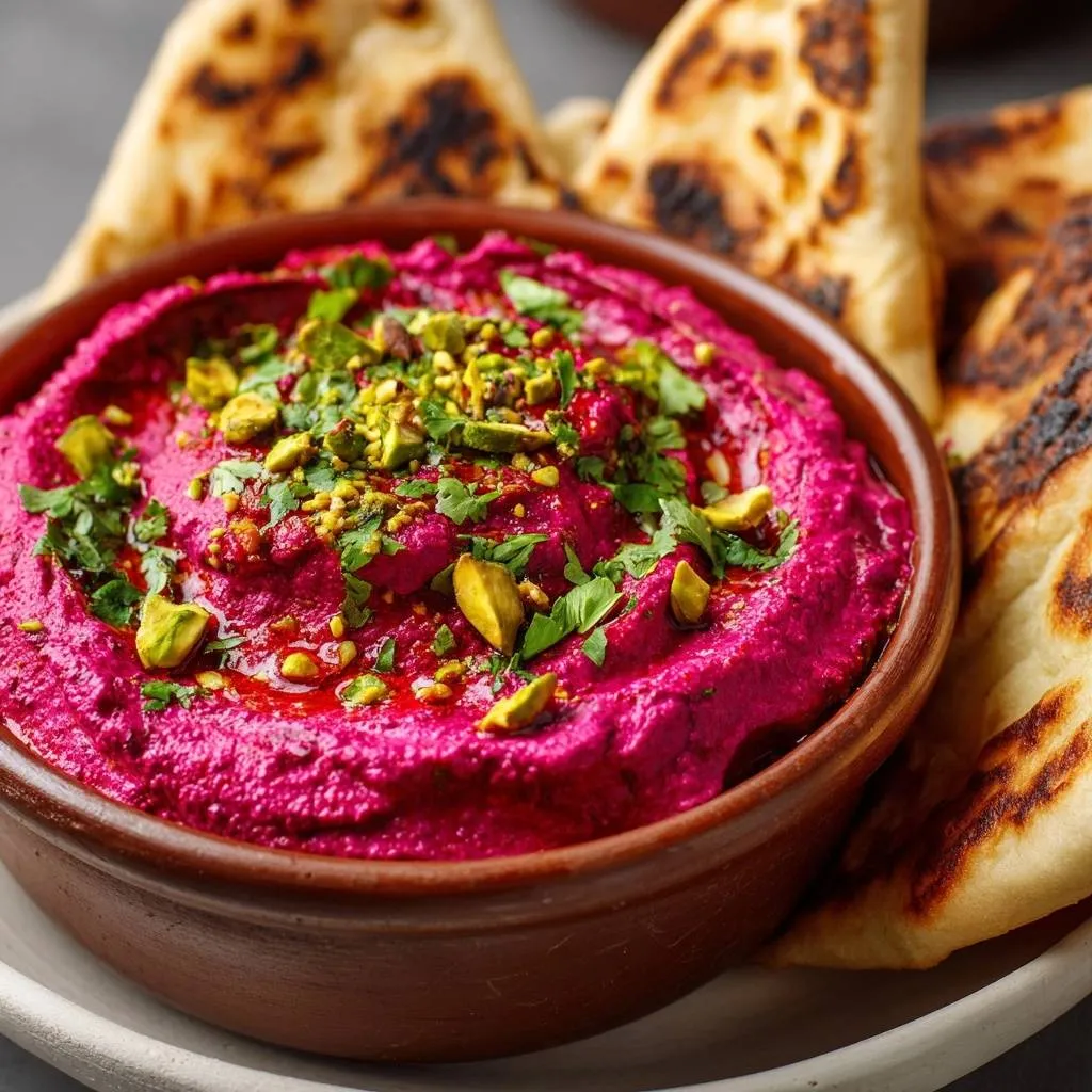 Vibrant beet hummus with pistachios, showing a close-up detail of the creamy dip topped with chopped pistachios and fresh parsley.