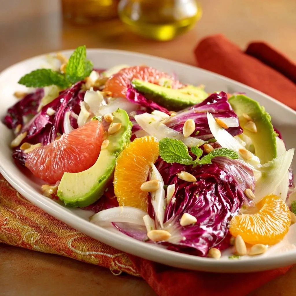 Vibrant citrus avocado radicchio salad plated with grapefruit, orange, avocado, and pine nuts, garnished with mint.