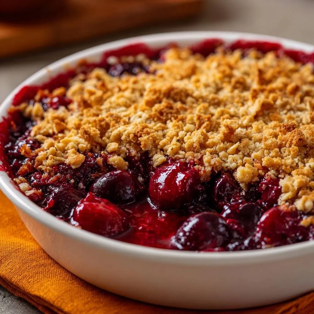 Warm cherry crumble featuring a close-up view of the golden, crumbly topping over glistening baked cherries.