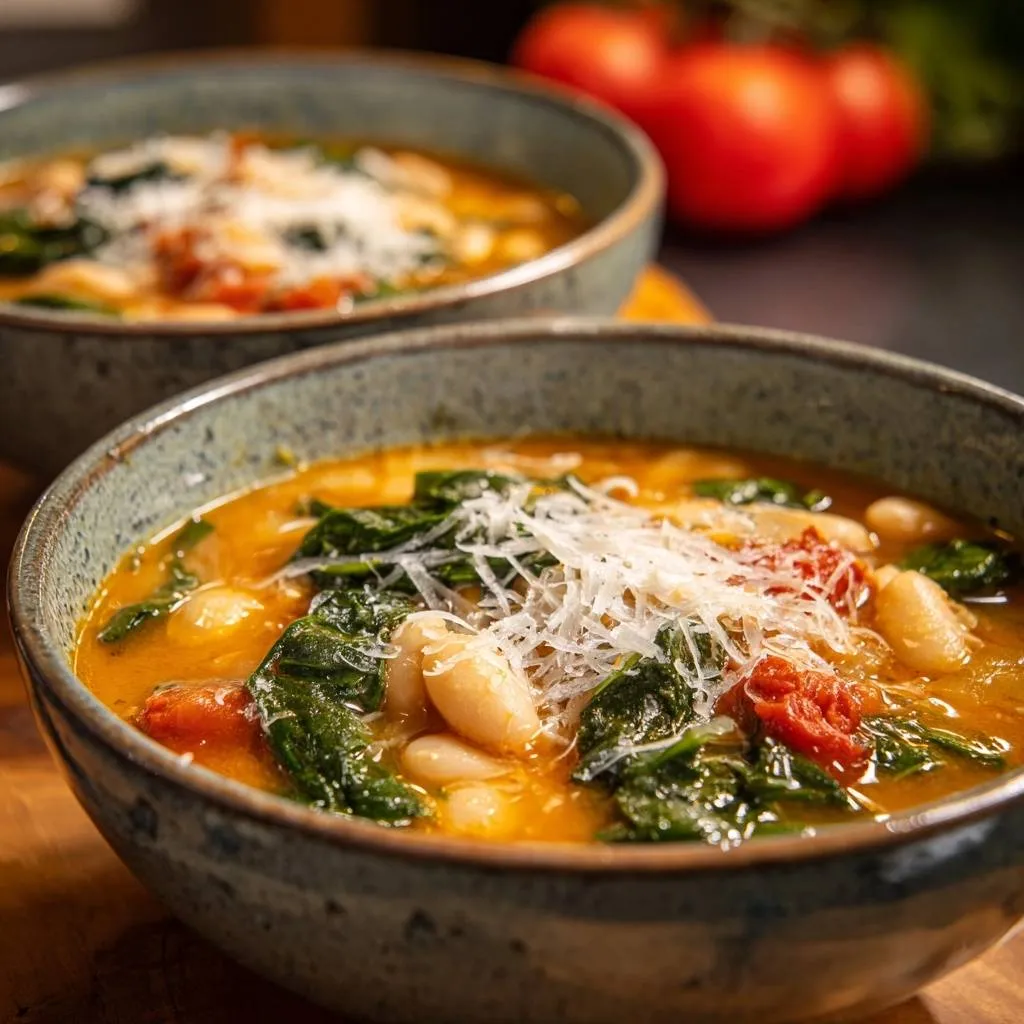 Rustic white bean spinach soup served in two rustic bowls, generously topped with grated parmesan cheese.