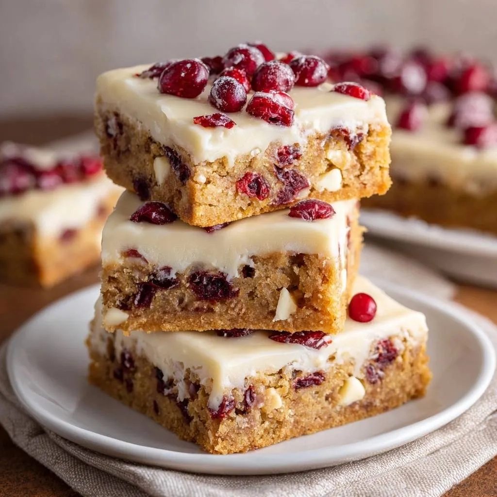 White Chocolate Cranberry Bliss Bars stacked high on a white plate, showcasing their festive topping.