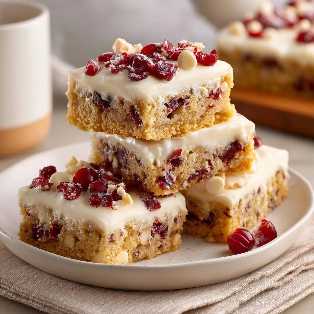 White Chocolate Cranberry Bliss Bars shown stacked on a plate, highlighting their rich texture and cranberry topping.
