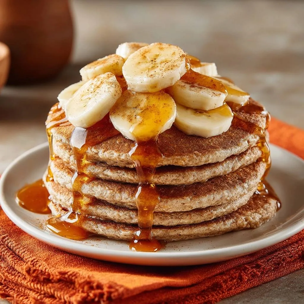 Whole grain banana pancakes drizzled with syrup and topped with sliced bananas and cinnamon.