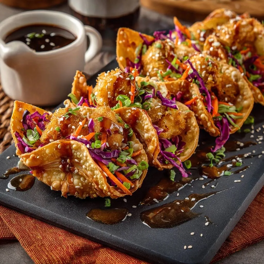 Crispy wonton chicken tacos with a vibrant garnish of shredded red cabbage and carrots, drizzled with sauce.