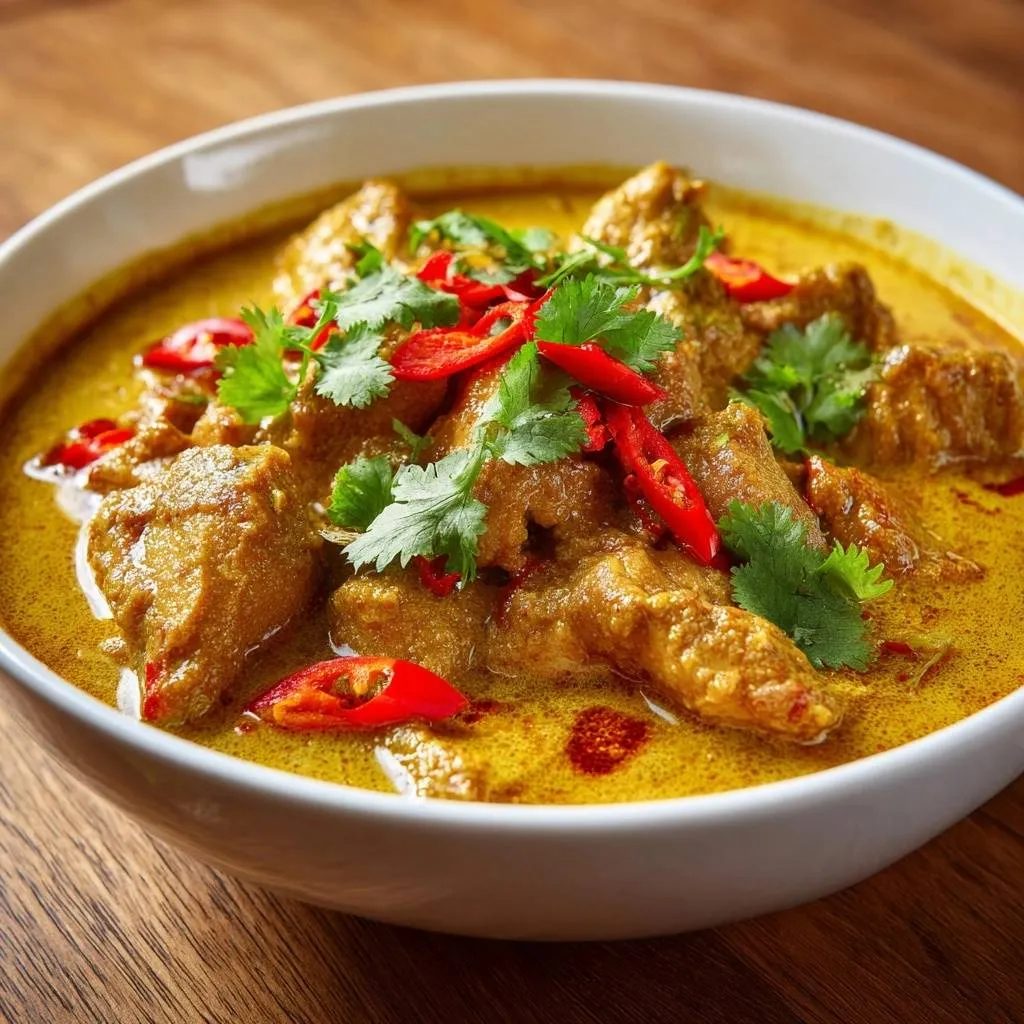 Yellow chicken curry with juicy thighs in a creamy sauce, garnished with fresh cilantro and sliced red chilies.