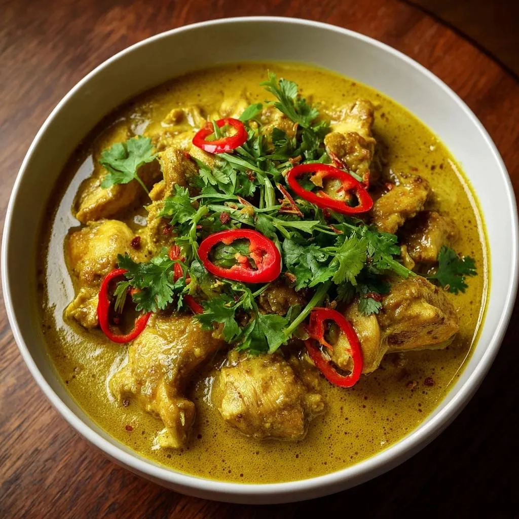 Yellow chicken curry with juicy thighs in creamy sauce, garnished with fresh cilantro and chili slices, shown in a close-up view.