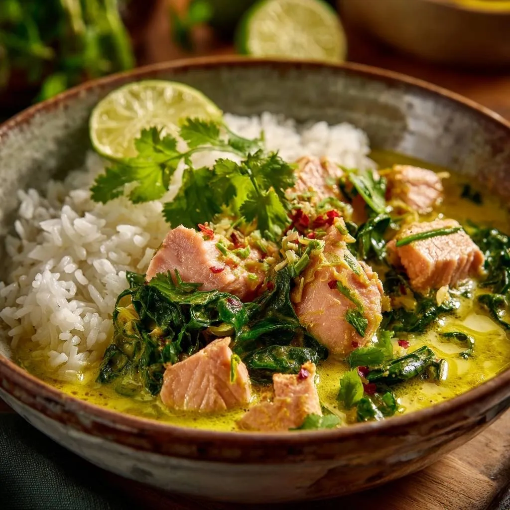 Yellow salmon curry over rice served in a rustic bowl, garnished with cilantro and lime.